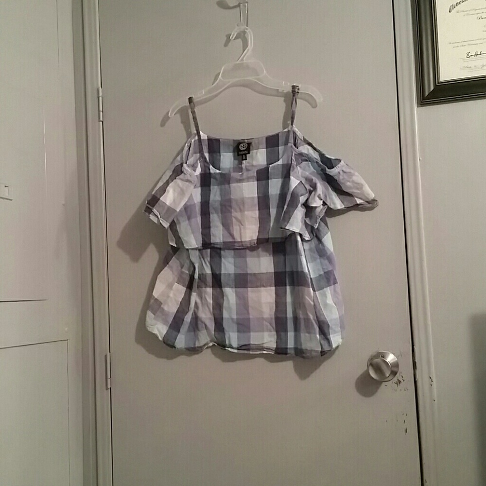 Blue plaid off the shoulder Babeau shirt, XL